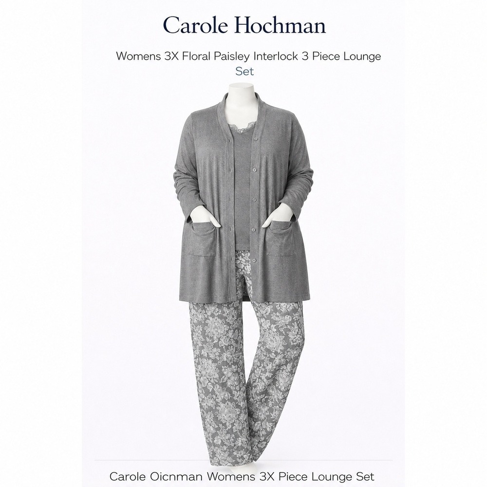 Carole Hochman Womens 3X Floral Paisley Interlock 3 Piece Lounge Set Grey Plus